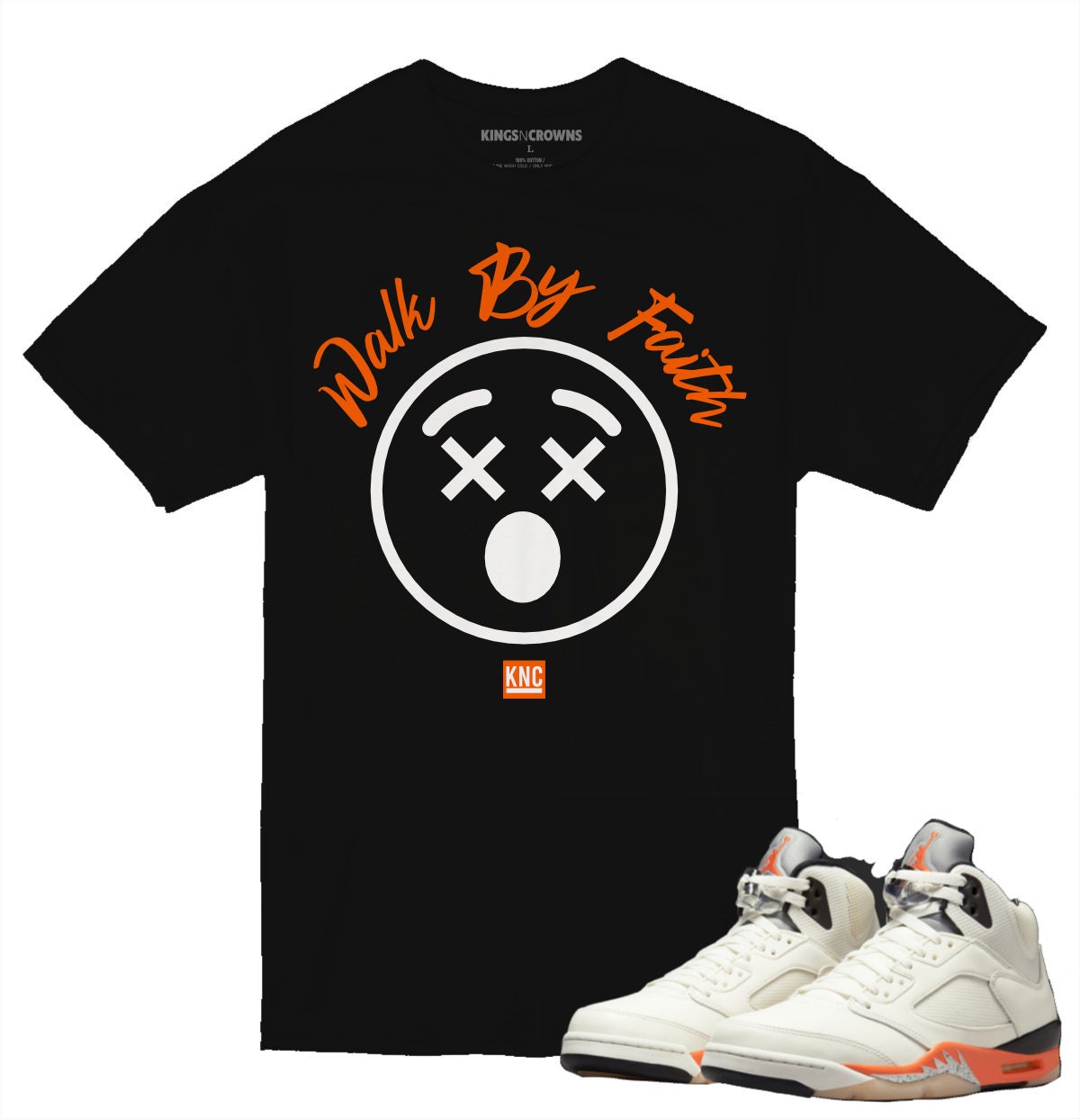 Tee shirt to match Jordan 5 Shattered Backboard Sneakers. KNC Walk By Faith