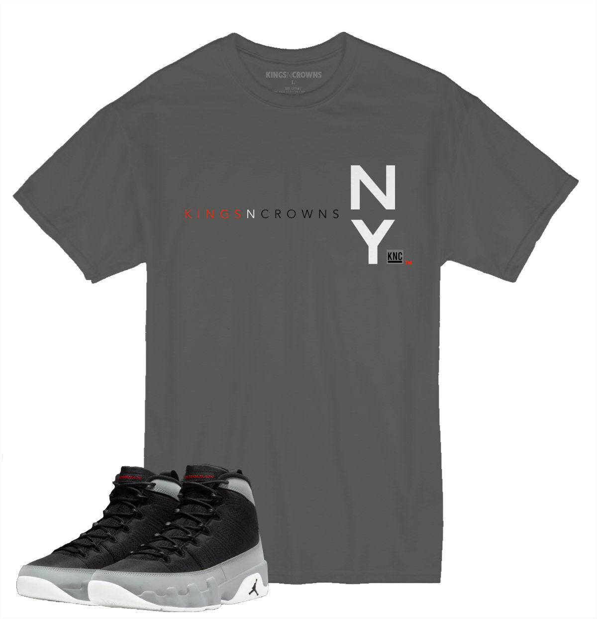 Tee shirt to match Air Jordan 9 Particle Grey sneaker. Kings N Crowns NY New York