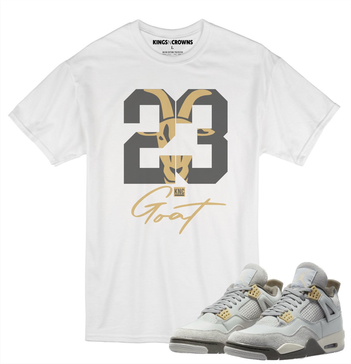 Kings N Crowns Tee shirt to match Jordan 4 Craft Sneakers. Goat 23