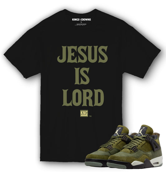 Kings N Crowns Tee shirt to match Air Jordan 4 Craft Olive Sneakers sneaker. Jesus Is Lord