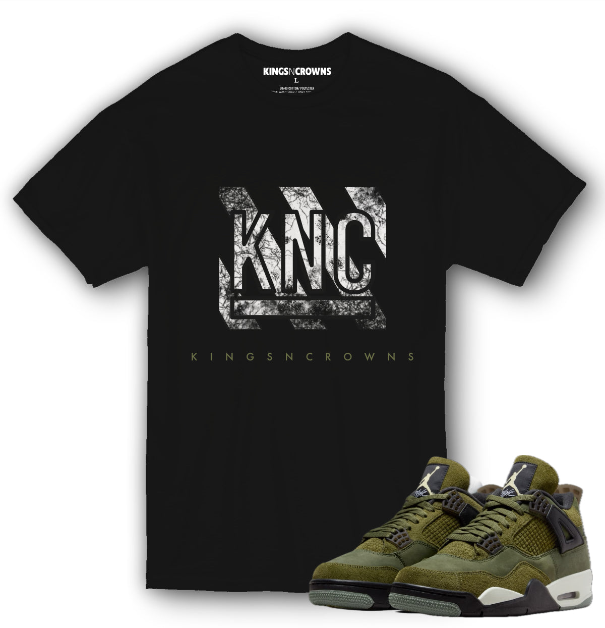 Kings N Crowns Tee shirt to match Air Jordan 4 Craft Olive Sneakers sneaker. KNC