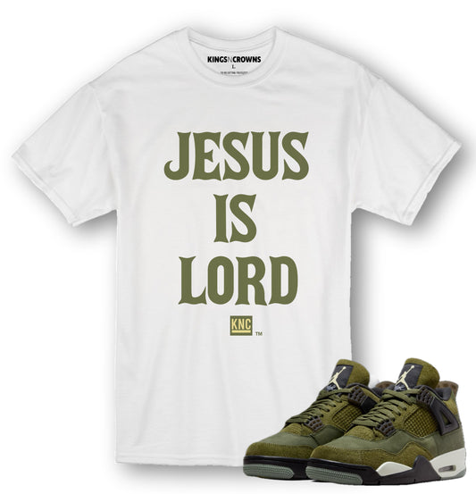 Kings N Crowns Tee shirt to match Air Jordan 4 Craft Olive Sneakers sneaker. Jesus Is Lord