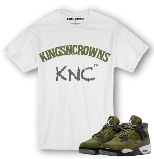 Kings N Crowns Tee shirt to match Air Jordan 4 Craft Olive Sneakers sneaker. KNC