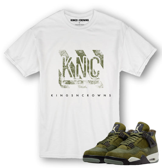 Kings N Crowns Tee shirt to match Air Jordan 4 Craft Olive Sneakers sneaker. KNC