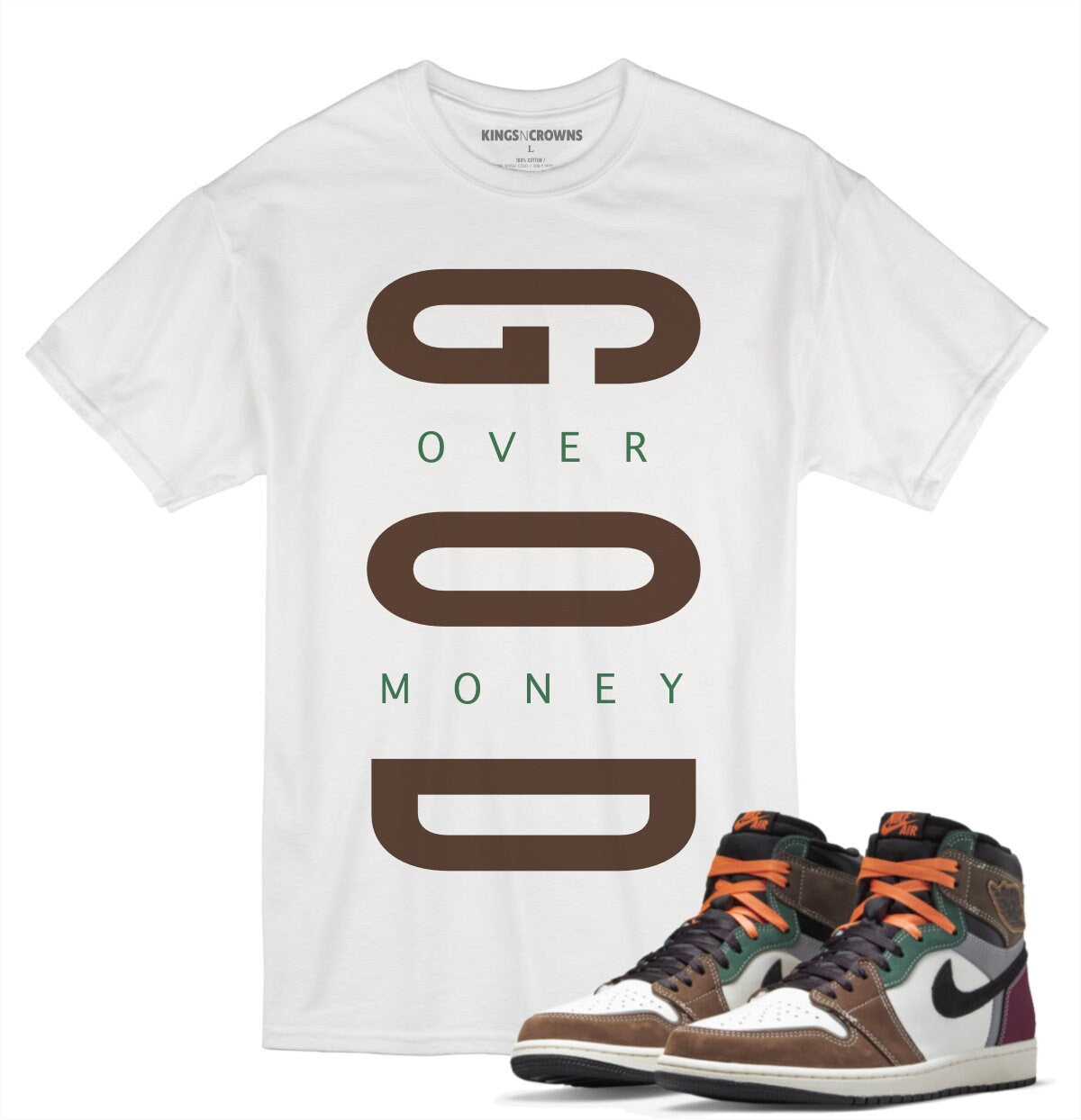 Tee shirt to match Air Jordan 1 Hand Crafted sneaker. KNC God Over Money