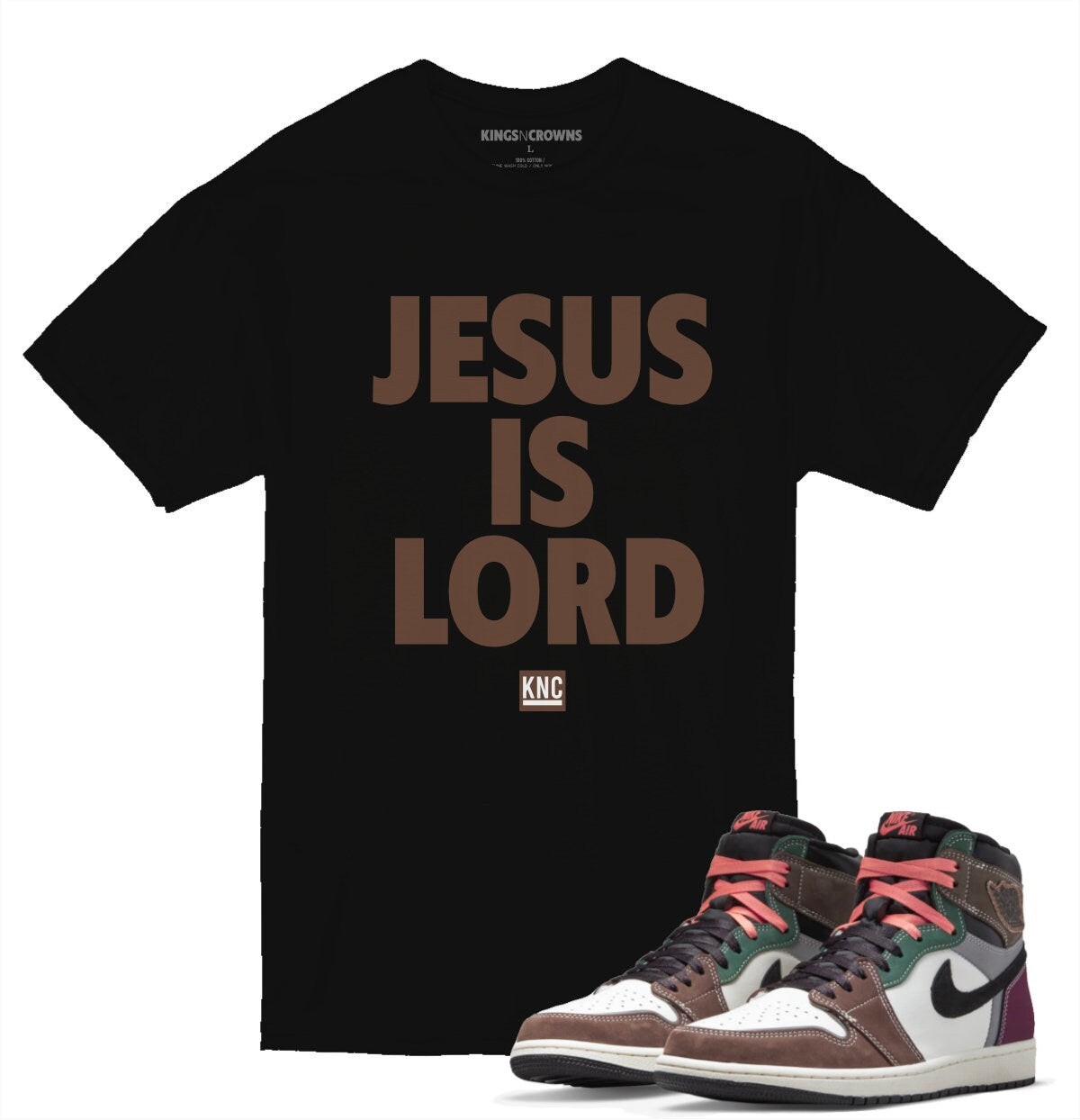 Tee shirt to match Air Jordan 1 Hand Crafted sneaker. KNC Jesus Is Lord