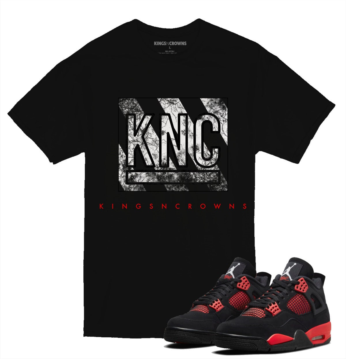 Tee shirt to match Air Jordan 4 Red Thunder Crimson sneaker. KNC distressed