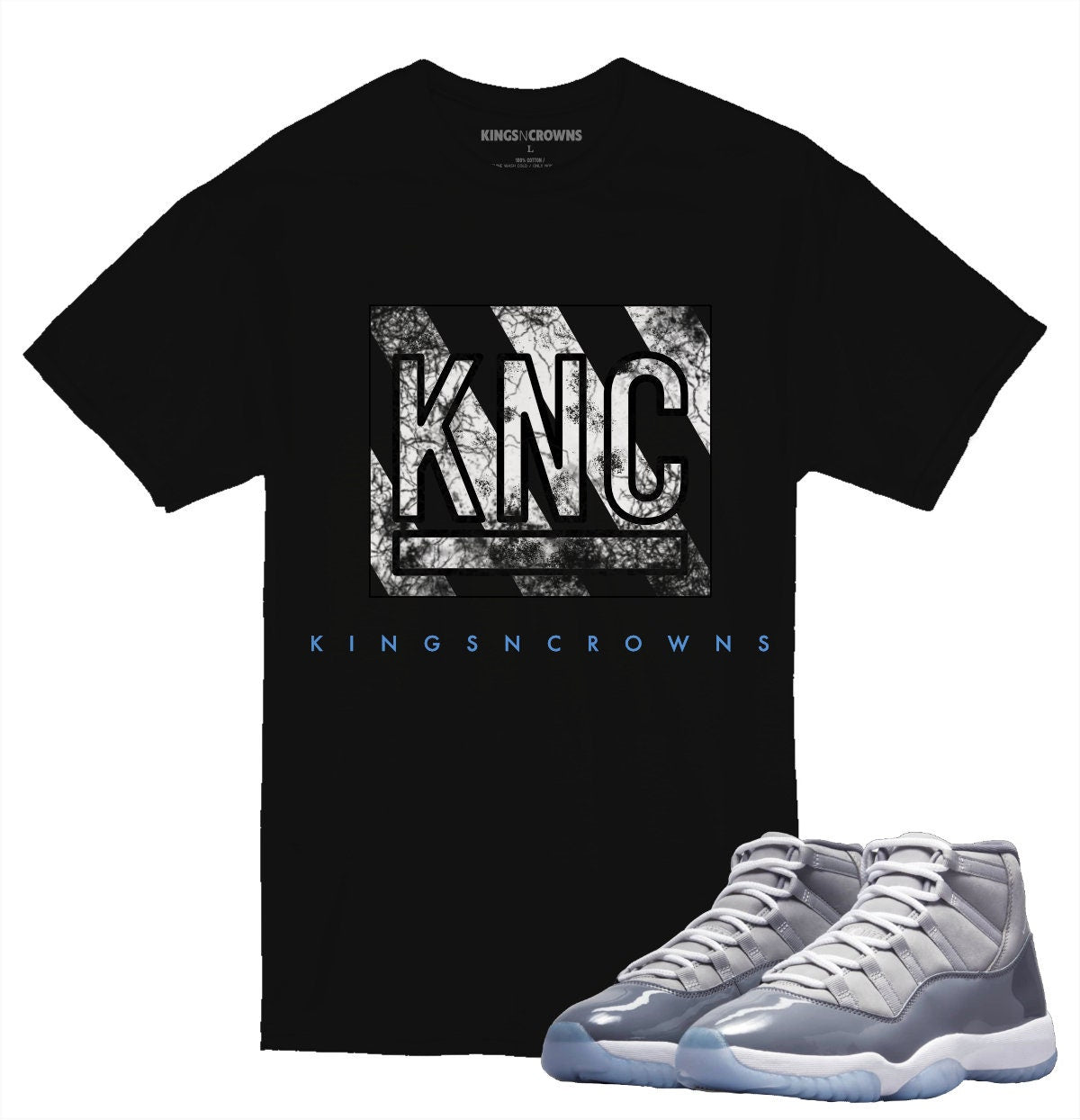 Tee shirt to match Air Jordan 11 Cool Grey sneaker. KNC distressed logo