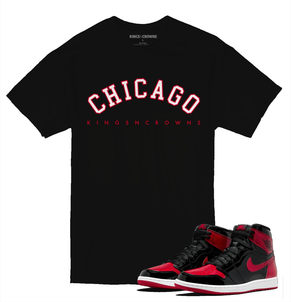 Tee shirt to match Air Jordan 1 Patent Bred Sneakers. KNC Chicago