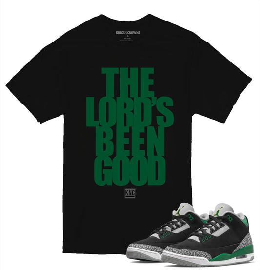 Tee shirt to match Air Jordan 3 Pine Green sneaker. KNC The Lord’s Been Good