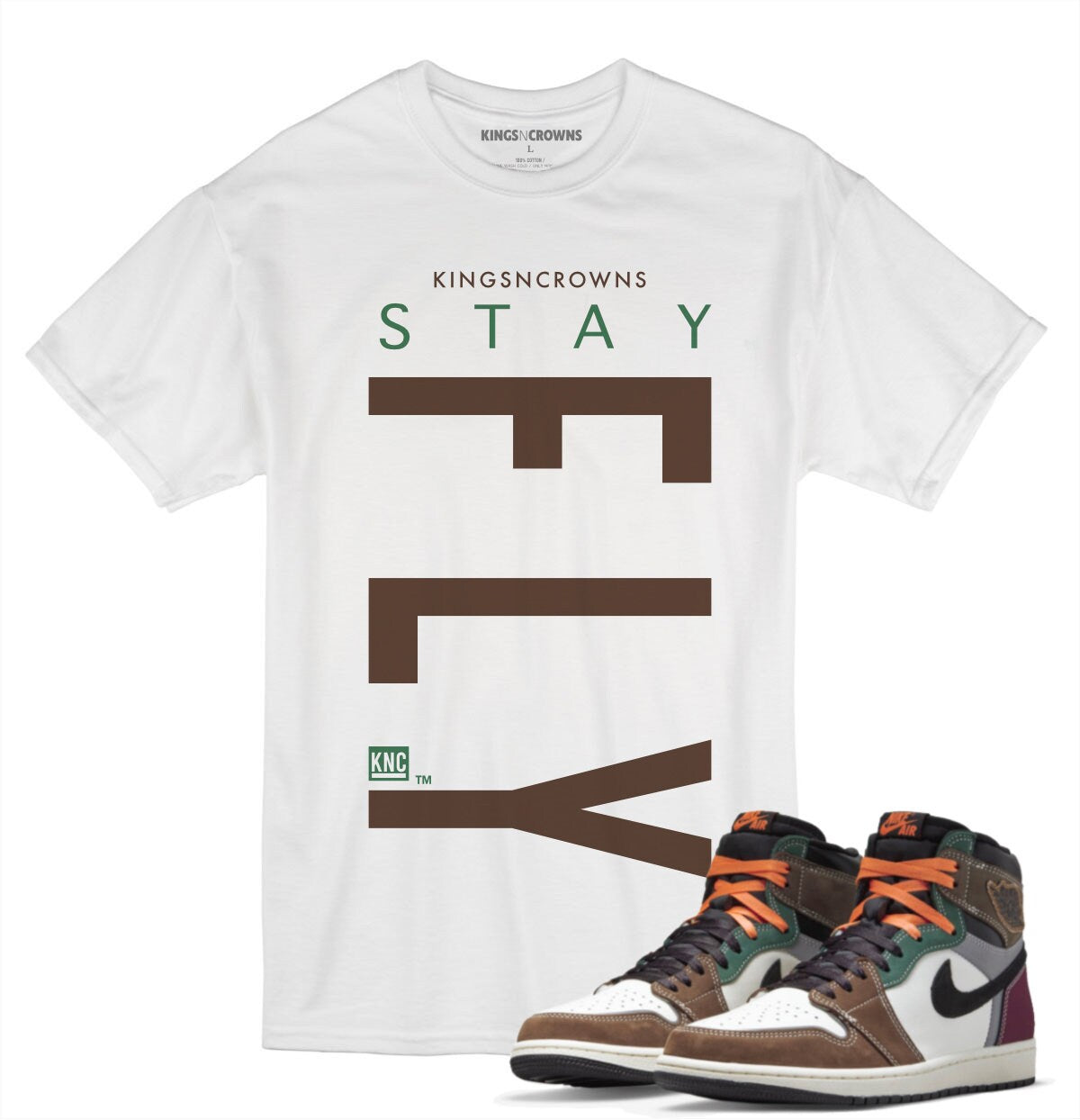 Tee shirt to match Air Jordan 1 Hand Crafted sneaker. KNC Stay Fly