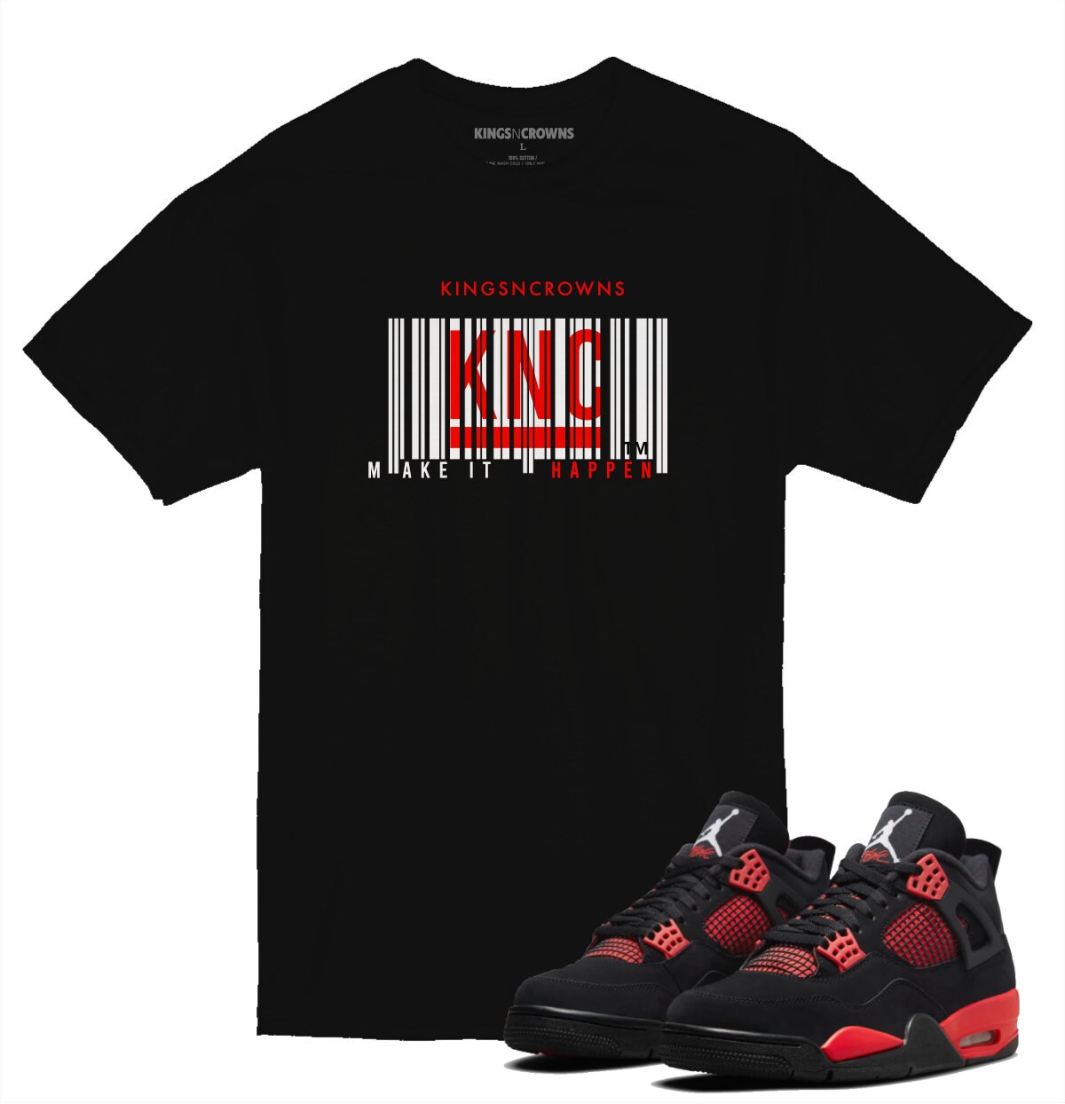 Tee shirt to match Air Jordan 4 Red Thunder Crimson sneaker. KNC Barcode