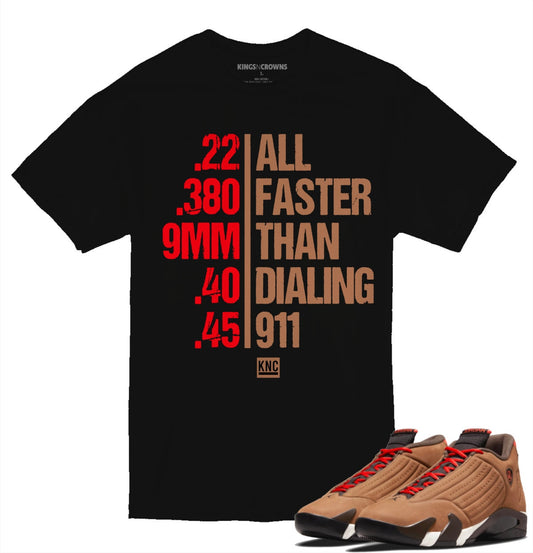 Tee shirt to match Air Jordan 14 Winterized sneaker. KNC All Faster Than Dialing 911