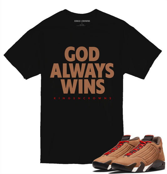 Tee shirt to match Air Jordan 14 Winterized sneaker. KNC God Always Wins