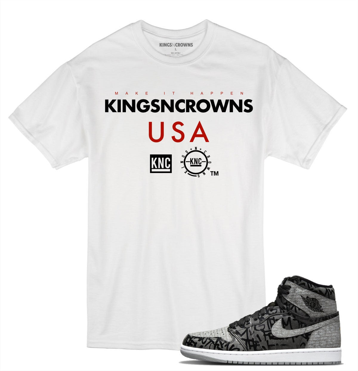 Tee shirt to match Jordan 1 Rebellionaire Sneakers. KNC Kings N Crowns logo