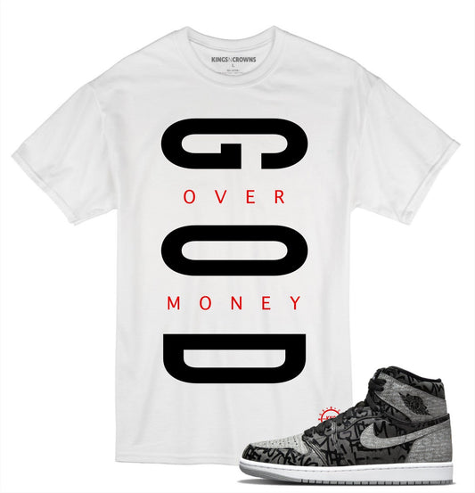 Tee shirt to match Jordan 1 Rebellionaire Sneakers. KNC God Over Money