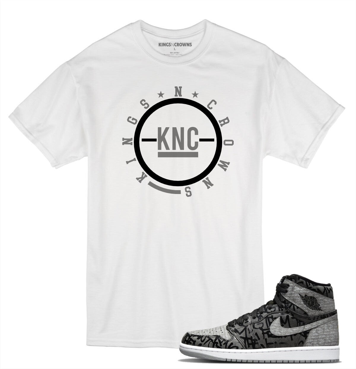 Tee shirt to match Jordan 1 Rebellionaire Sneakers. KNC logo