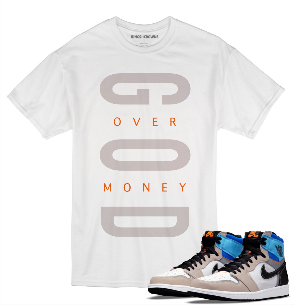 Tee shirt to match Jordan 1 Prototype Sneakers. KNC God Over Money