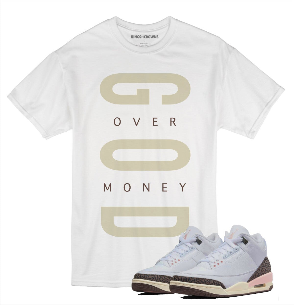 Tee shirt to match Jordan 3 Atmosphere Sneakers. KNC God Over Money