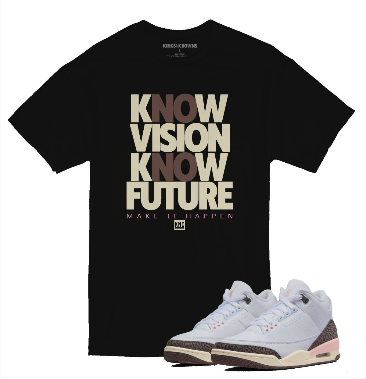 Tee shirt to match Jordan 3 Atmosphere Sneakers. KNC Know Vision Know Future