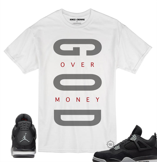 Tee shirt to match Air Jordan 4 Black Canvas Sneakers. KNC God Over Money