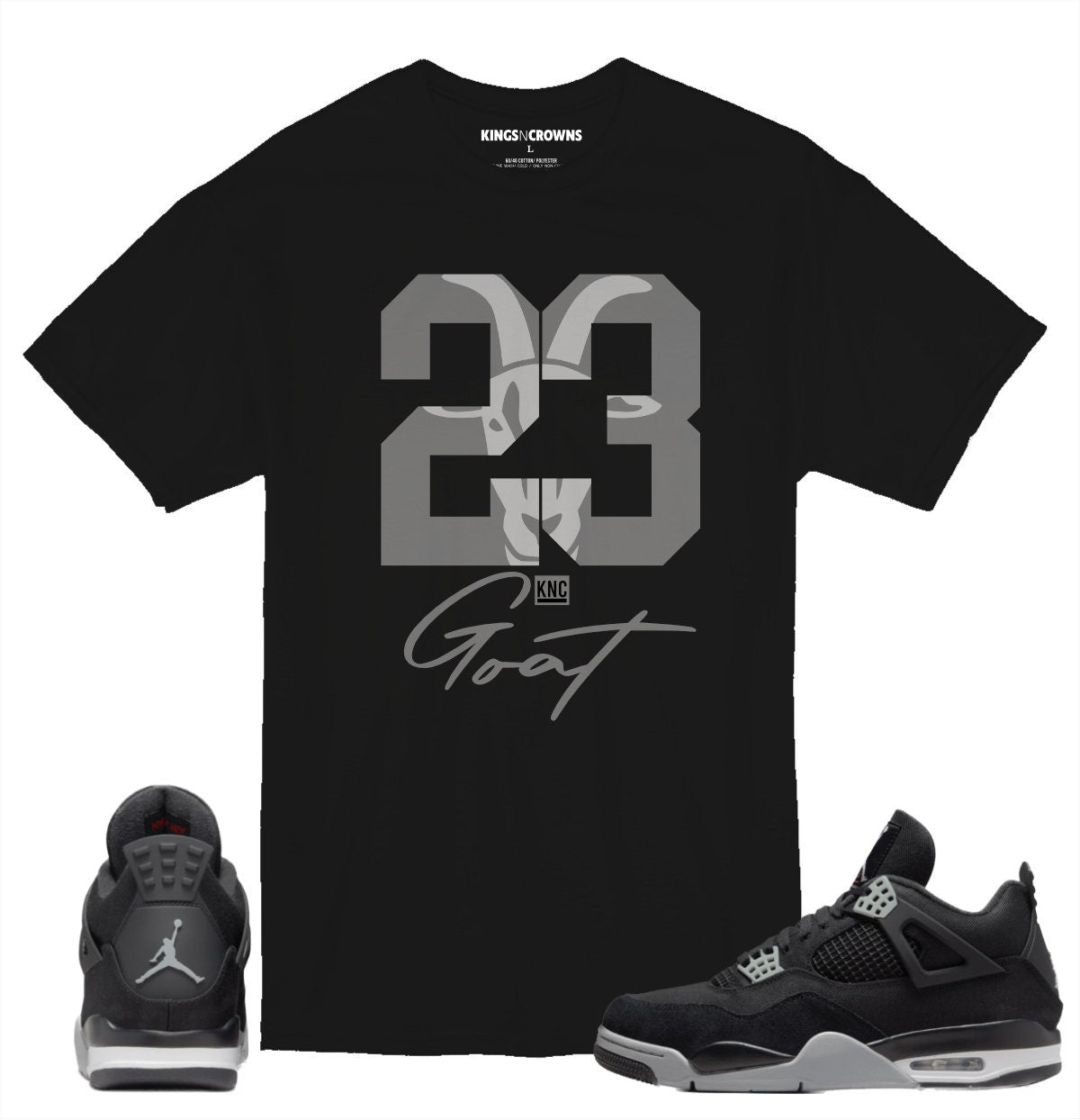 Tee shirt to match Air Jordan 4 Black Canvas Sneakers. KNC Goat 23