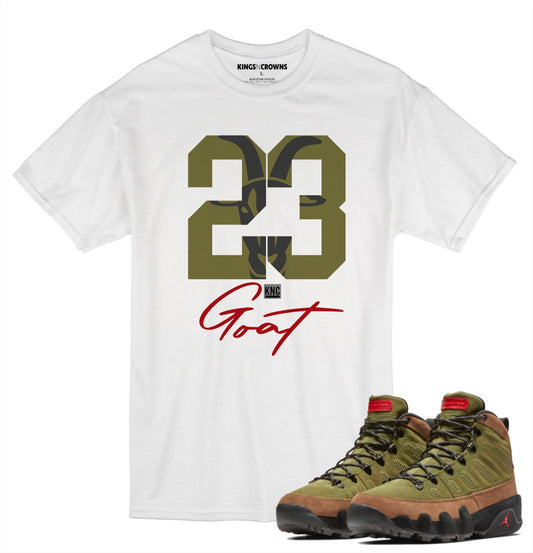 Tee shirt to match Jordan 9 Boot NRG Military Brown Legion Green Sneakers. KNC Goat 23