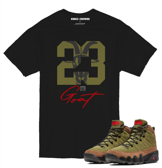 Kings N Crowns Tee shirt to match Jordan 9 Boot NRG Military Brown Legion Green Sneakers. Goat 23