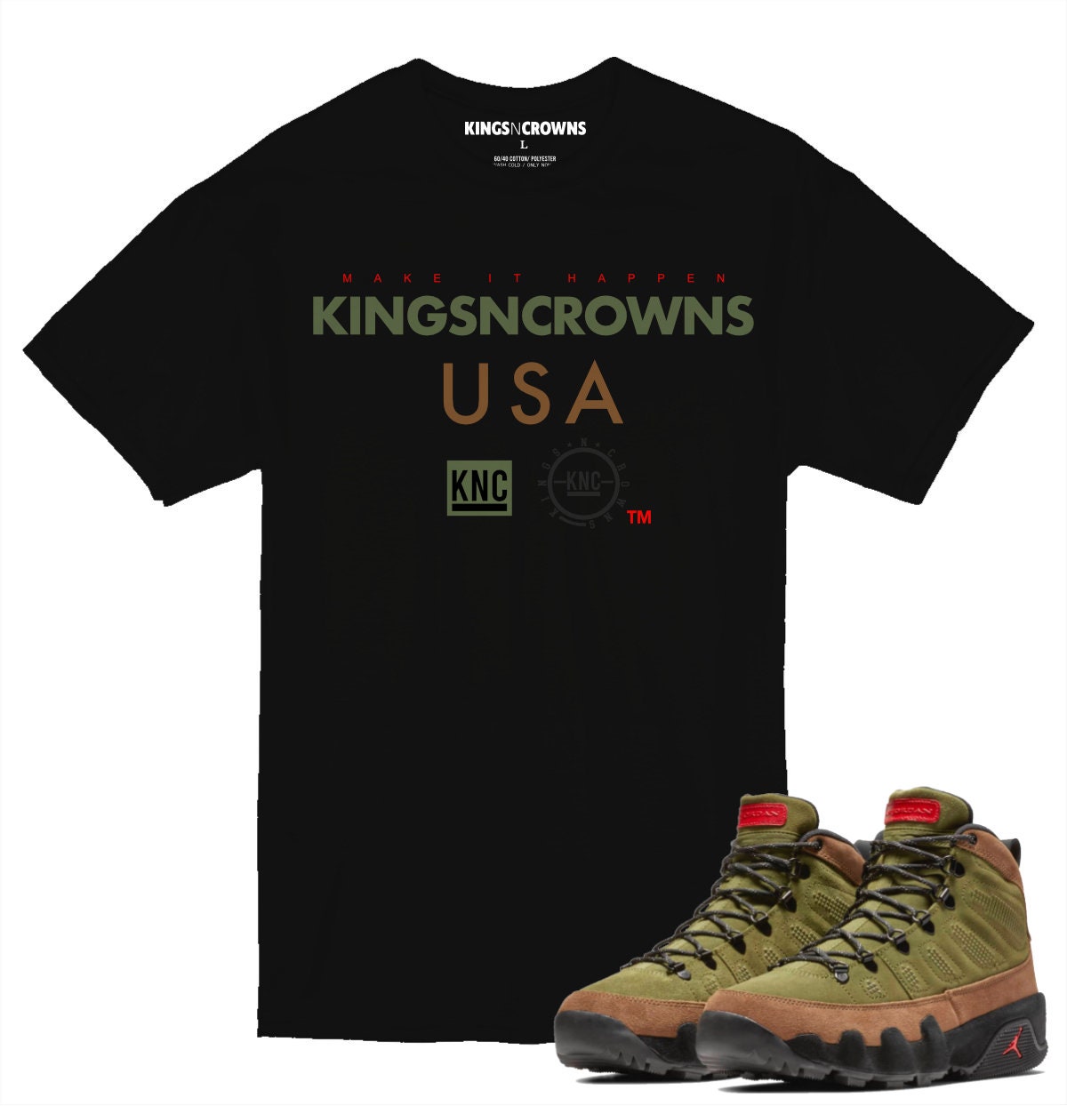 Kings N Crowns Tee shirt to match Jordan 9 Boot NRG Military Brown Legion Green Sneakers. Logo