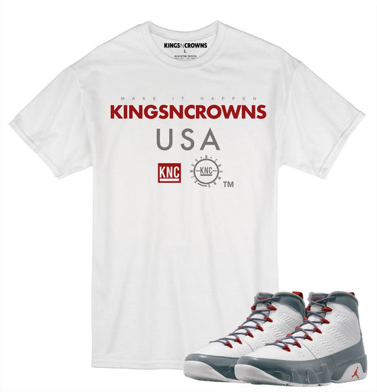 Kings N Crowns Tee shirt to match Jordan 9 Fire Red Sneakers. KNC Logo