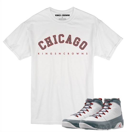 Kings N Crowns Tee shirt to match Jordan 9 Fire Red Sneakers. Chicago