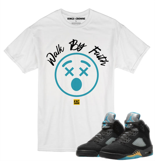 Kings N Crowns Tee shirt to match Jordan 5 Aqua Sneakers. Walk By Faith