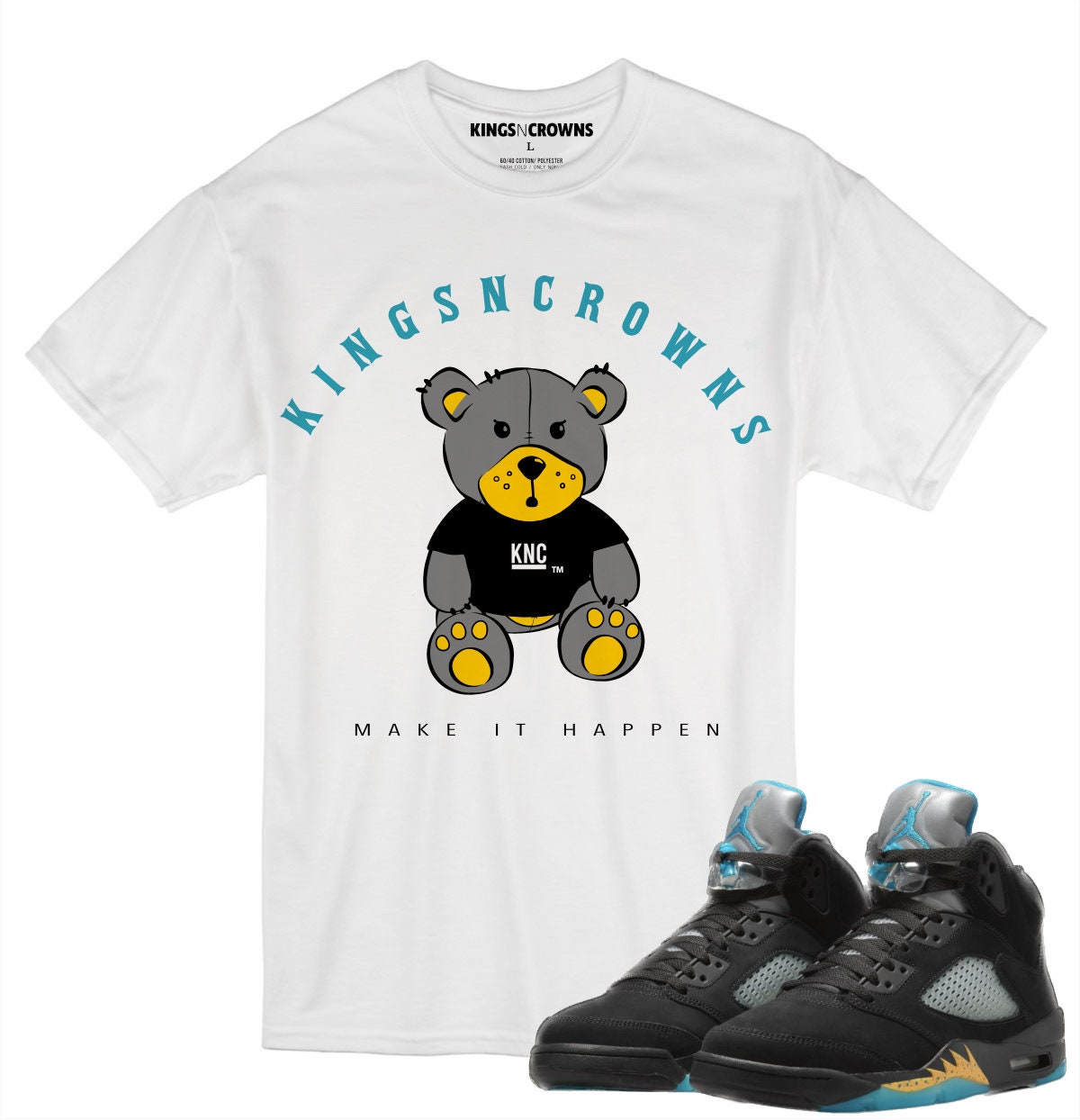 Kings N Crowns Tee shirt to match Jordan 5 Aqua Sneakers. KNC Bear