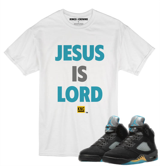 Kings N Crowns Tee shirt to match Jordan 5 Aqua Sneakers. Jesus Is Lord