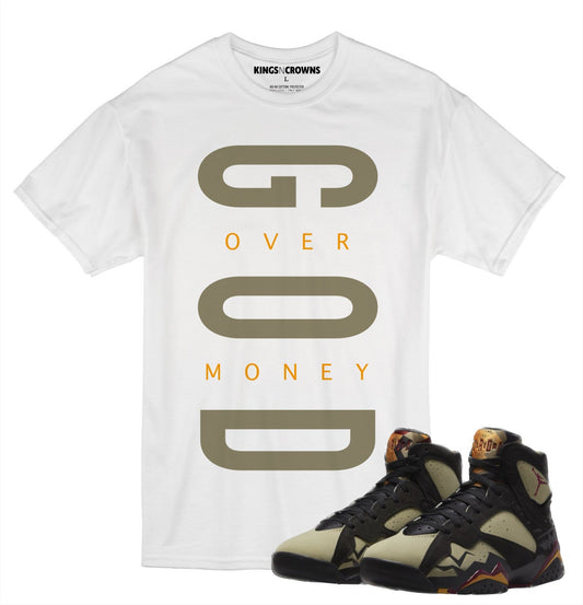 Kings N Crowns Tee shirt to match Air Jordan 7 Olive Sneakers. God Over Money